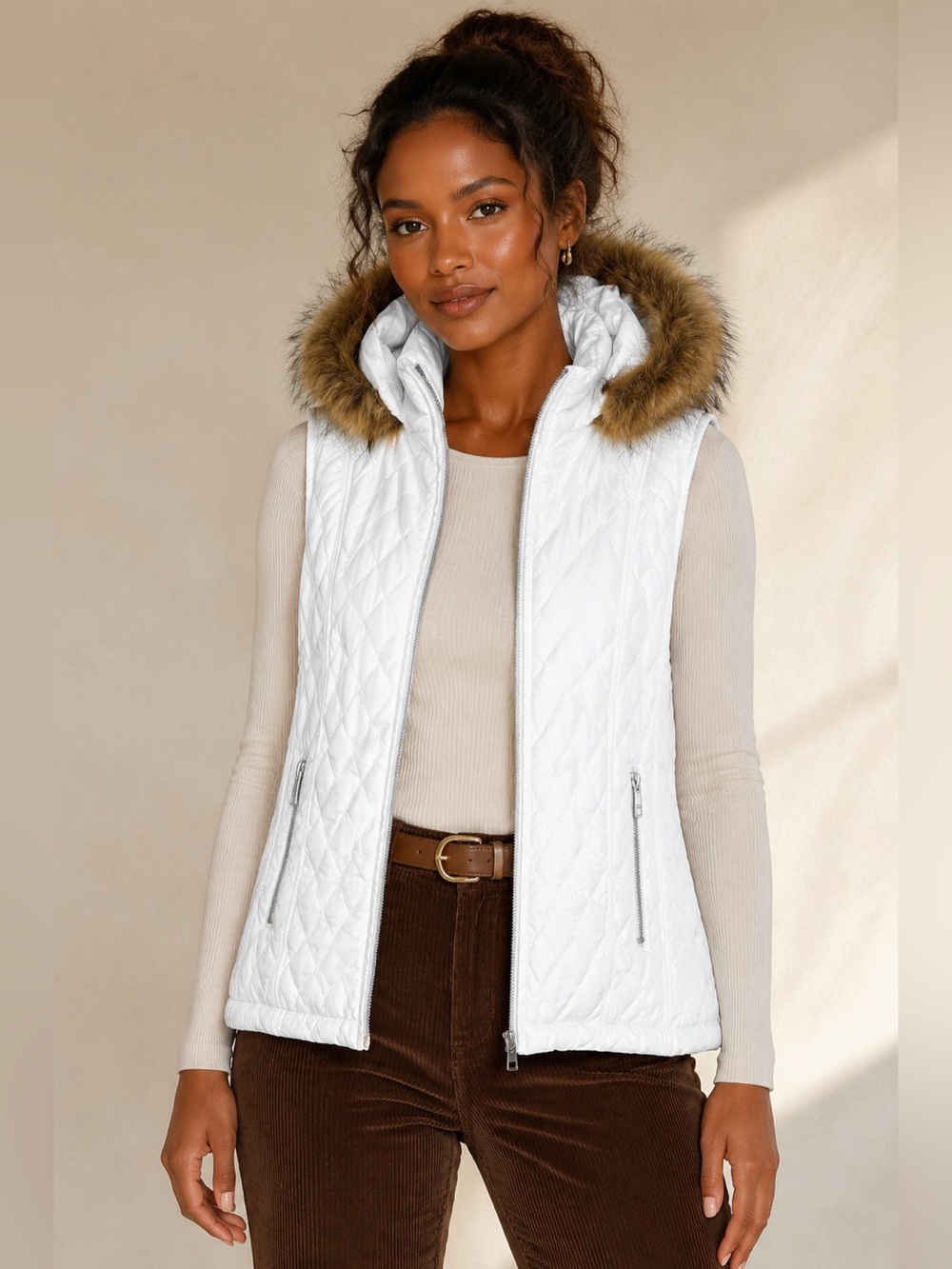 New! Black Rivet White Quilted Faux Fur Hooded Vest Petite XL NWT